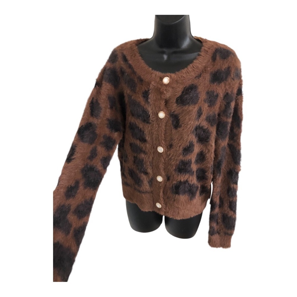 Brown black spotted fuzzy furry gold trim pearlized button cardigan sweater
